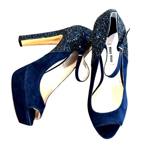 Miu Miu Blue Suede Glitter Accent Peep toe platform heels Size: 38.5 NWOT/box - Picture 3 of 13